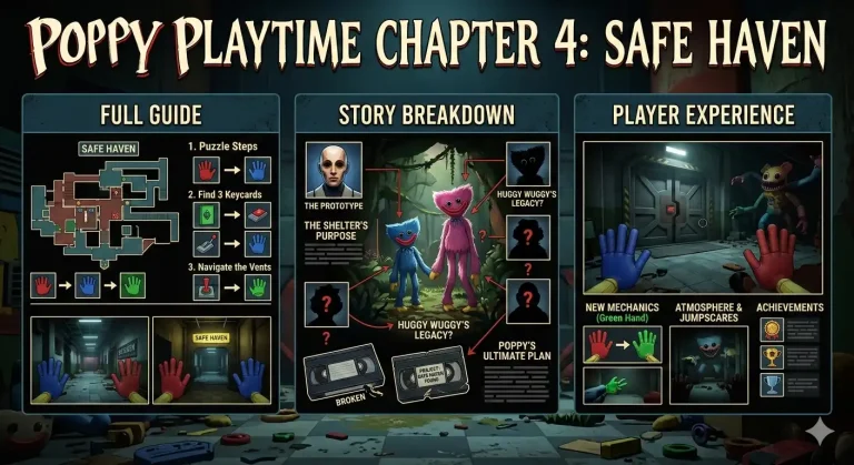 A detailed infographic and guide for Poppy Playtime Chapter 4: Safe Haven, including sections on the Full Guide, Story Breakdown, and Player Experience. The image features a top-down level map with puzzle instructions, character portraits and connections explaining the narrative, and first-person screenshots showcasing new game mechanics and atmosphere.