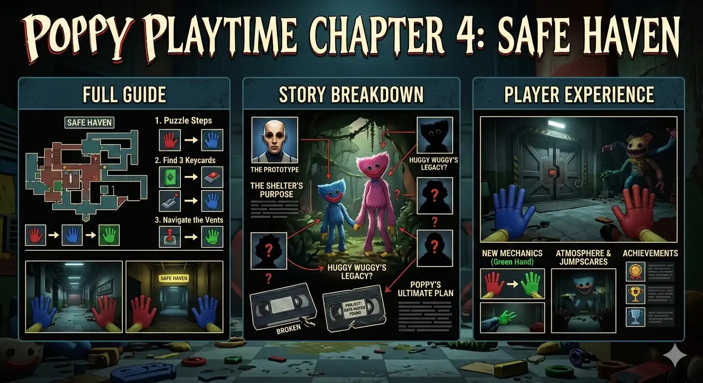 A detailed infographic and guide for Poppy Playtime Chapter 4: Safe Haven, including sections on the Full Guide, Story Breakdown, and Player Experience. The image features a top-down level map with puzzle instructions, character portraits and connections explaining the narrative, and first-person screenshots showcasing new game mechanics and atmosphere.