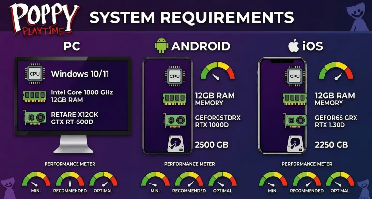 Poppy Playtime Chapter 4 system requirements chart for PC, Android, and iOS including CPU, RAM, graphics card, and storage details.