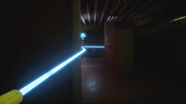 Blue power beam puzzle connecting two panels inside the hallway