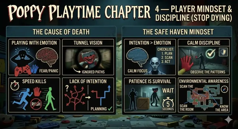 A detailed guide for Poppy Playtime Chapter 4, highlighting player mindset, common mistakes, and strategic tips. It outlines "The Cause of Death" like panic, tunnel vision, and speed, contrasted with "The Safe Haven Mindset" focusing on intention, calm discipline, patience, and environmental awareness. It includes illustrative icons, game screenshots, character diagrams, and a level map.