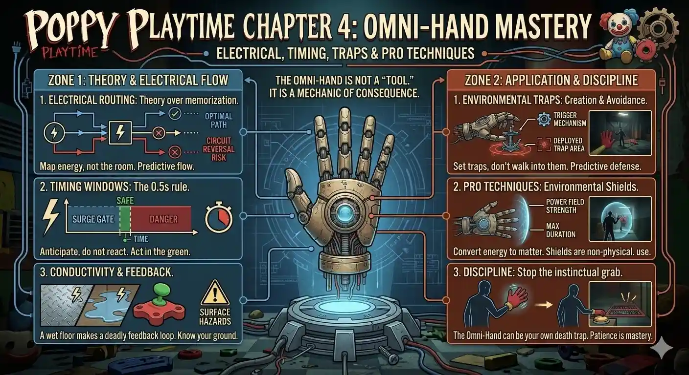 A detailed technical infographic in a blueprint style, titled "Poppy Playtime Chapter 4: Omni-Hand Mastery." It provides a complex breakdown of the mechanics, timing, and strategic applications for using the robotic Omni-Hand tool in the game, featuring schematics for electrical routing, diagrams of timing windows, conductivity feedback warnings, techniques for environmental traps and shields, and discipline tips for survival. The central element is a large mechanical hand on a pedestal, all set against a dark, toy-factory floor background with blue circuit lines and various toy parts.
