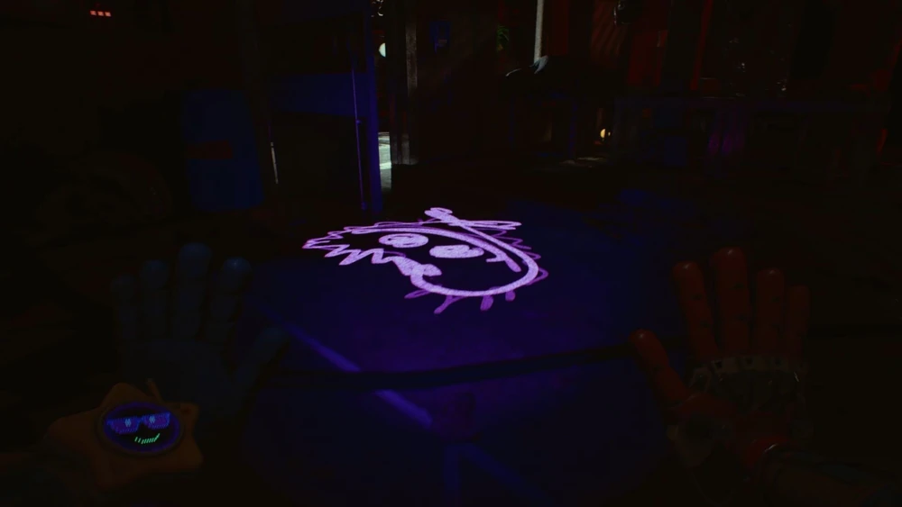 Glowing purple Playtime Co symbol projected onto dark factory floor