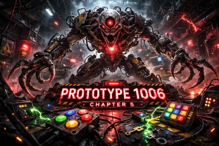 Prototype 1006 Chapter 5 horror artwork showing giant mechanical monster with glowing red core inside dark factory lab.
