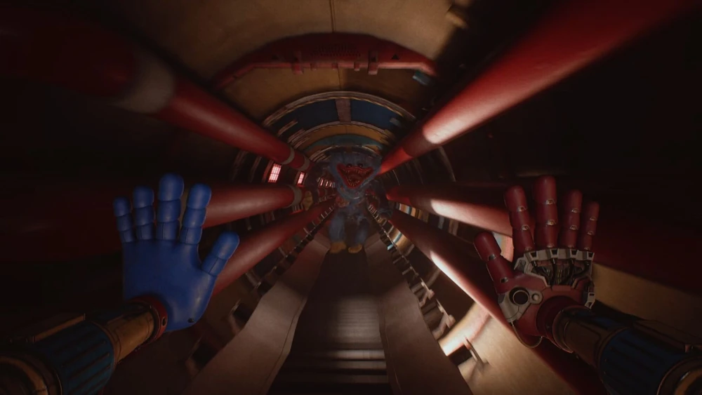 Red industrial pipe tunnel corridor from Chapter 5 factory level