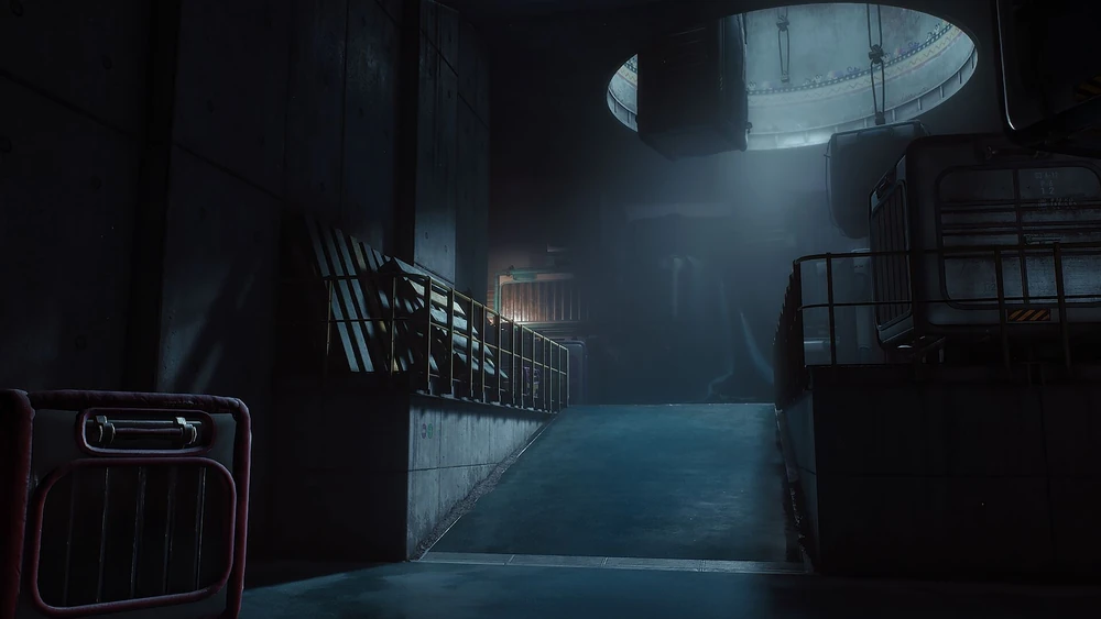 Dim blue industrial walkway inside Playtime Co factory at night