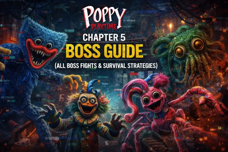Poppy Playtime Chapter 5 boss guide showing major boss fights and survival strategies in factory arena.