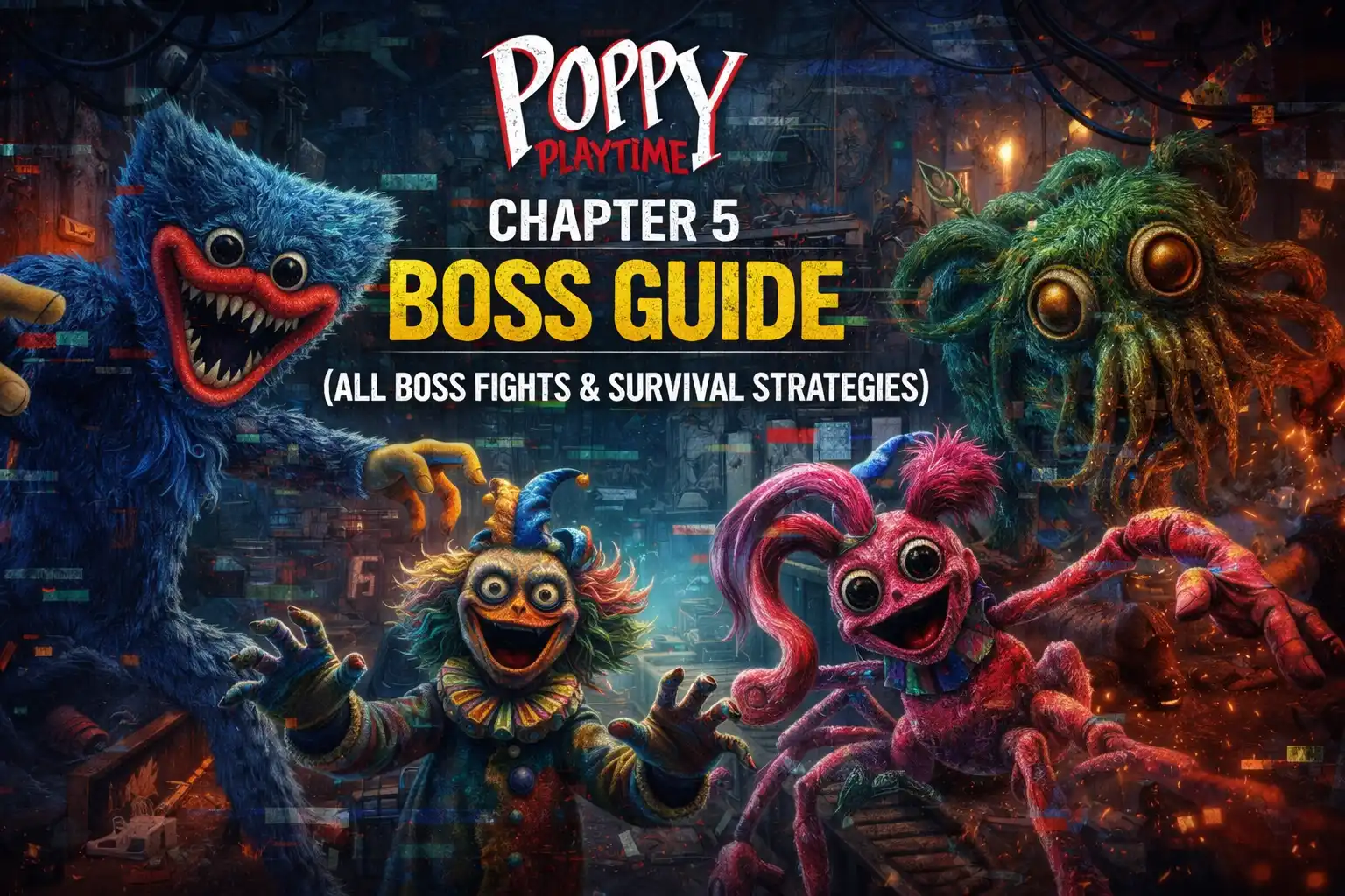 Poppy Playtime Chapter 5 boss guide showing major boss fights and survival strategies in factory arena.