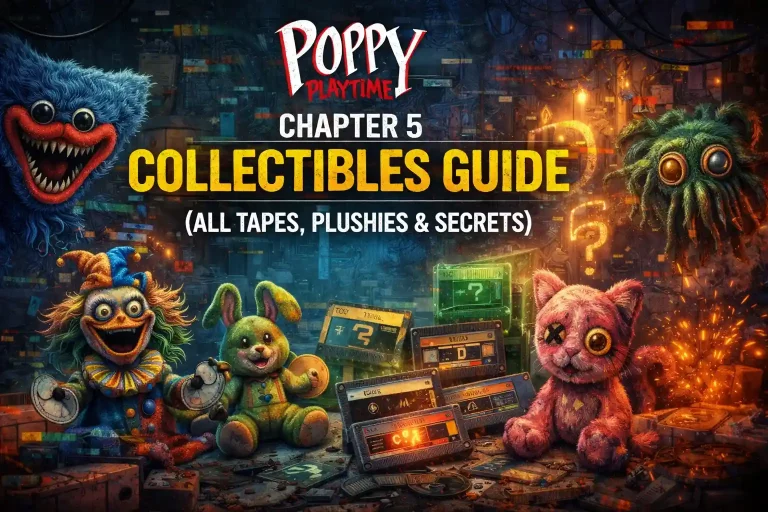 Poppy Playtime Chapter 5 collectibles guide showing tapes, plushies, and hidden secrets in factory setting.