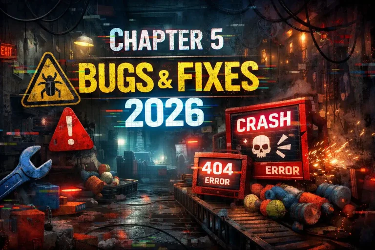 Poppy Playtime Chapter 5 bugs and crash fixes guide thumbnail with error screens and factory background.