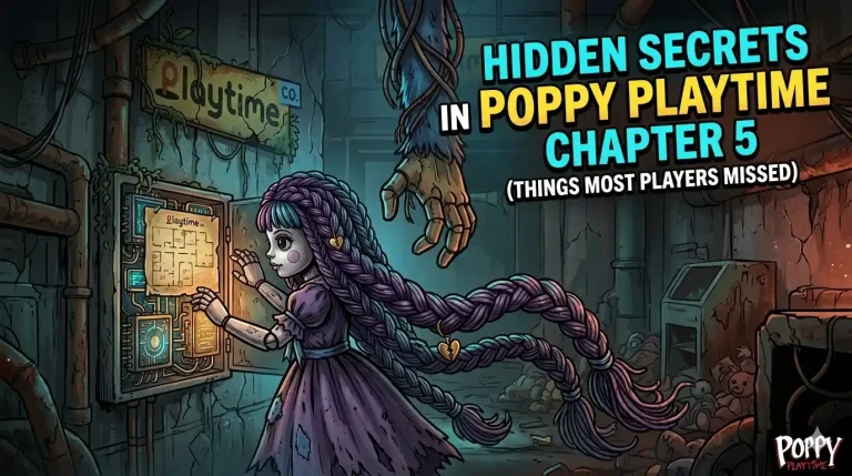 A Poppy Playtime stylized digital illustration of a girl examining a hidden map in a dilapidated factory, with a Huggy Wuggy hand hanging from above. Text reads 'Hidden Secrets in Poppy Playtime Chapter 5' and 'Things Most Players Missed'.