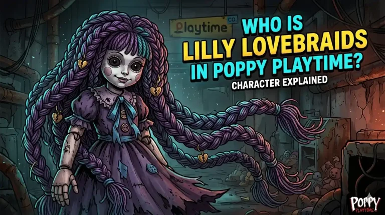 A Poppy Playtime stylized digital illustration of Lilly Lovebraids with long purple and cyan braids, standing in a derelict Playtime Co. factory. Text reads 'Who is Lilly Lovebraids in Poppy Playtime?' and 'Character Explained'.