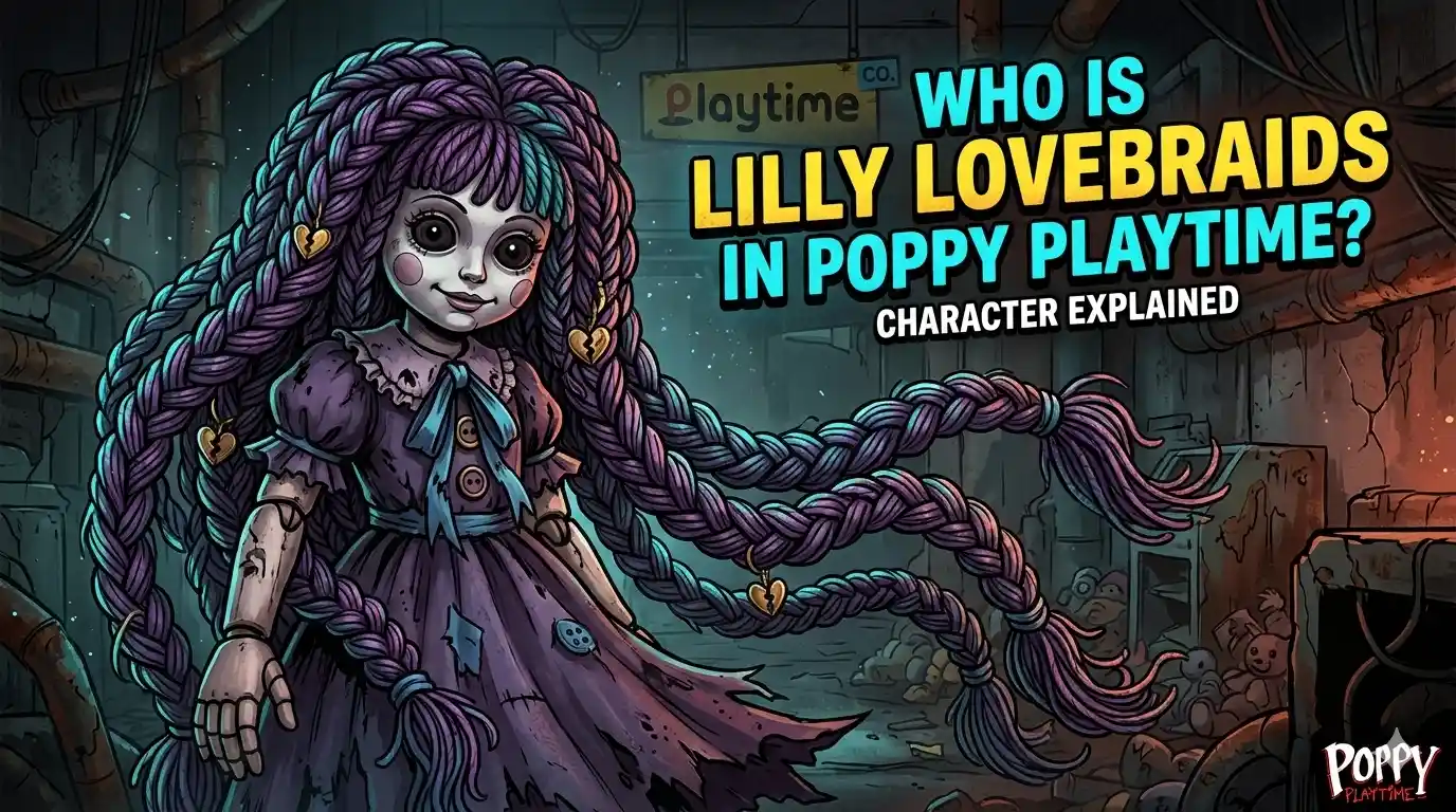 A Poppy Playtime stylized digital illustration of Lilly Lovebraids with long purple and cyan braids, standing in a derelict Playtime Co. factory. Text reads 'Who is Lilly Lovebraids in Poppy Playtime?' and 'Character Explained'.