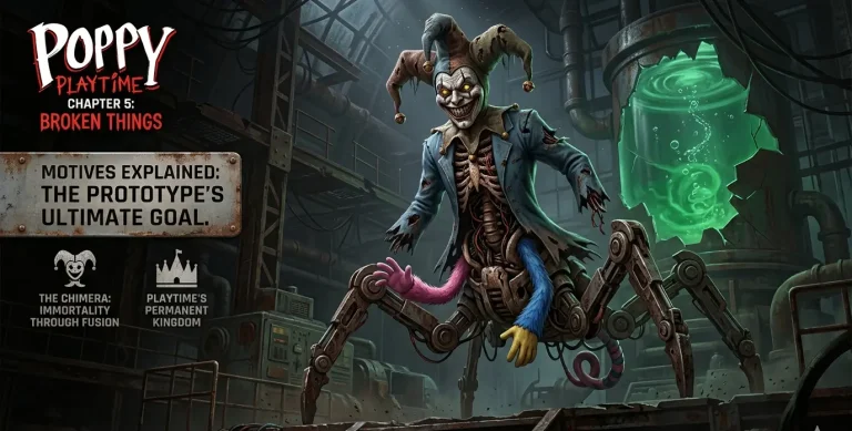 A high-quality 2026 design of the Prototype from Poppy Playtime Chapter 5, featuring a creepy jester torso with a cracked porcelain face, glowing yellow eyes, and a massive mechanical spider-like body with trophy limbs from Huggy Wuggy and Kissy Missy, set in a dark industrial factory near a glowing green Poppy Gel vat.